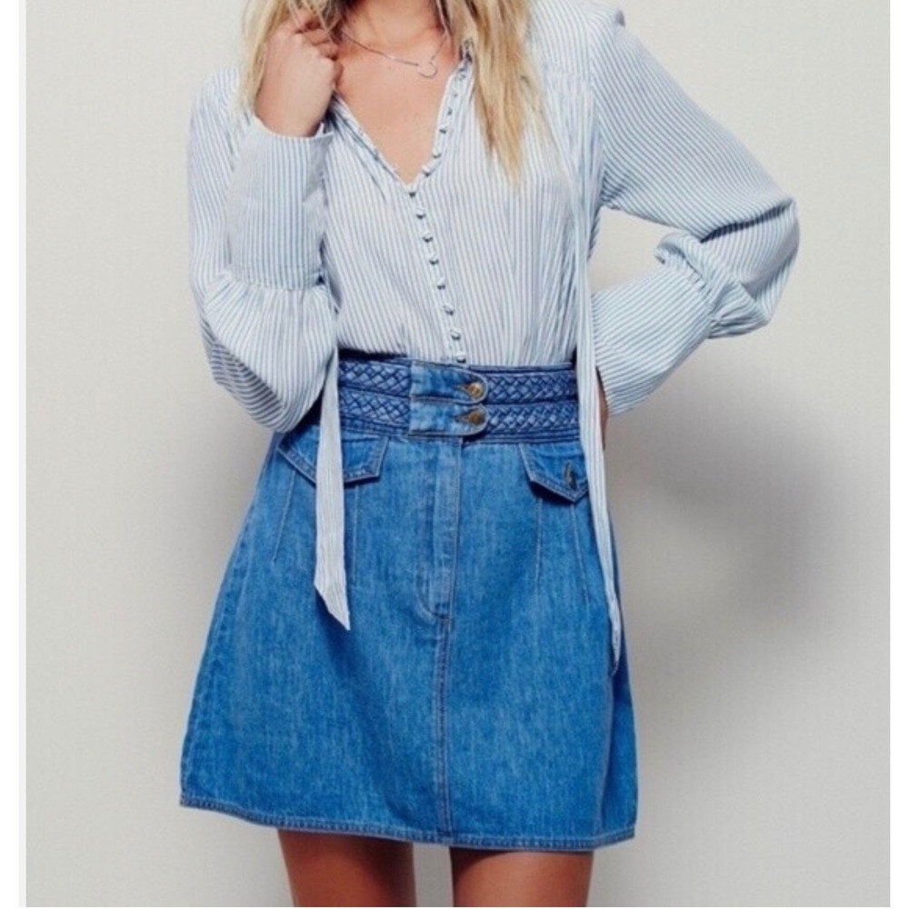 Free People Braided Waist Denim Mini‎ Skirt Blue Vintage Style Size 0